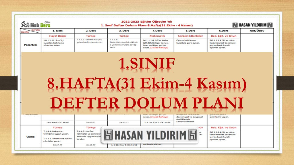 2022-2023 Eğitim Öğretim Yılı 1. Sınıf 8. Hafta (31 Ekim-4 Kasım) Defter Dolum Planı