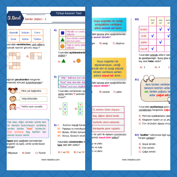 3. Sınıf Türkçe İsimler (Adlar) - 1 Kazanım Testi