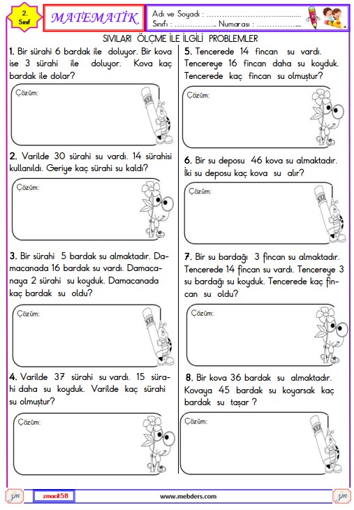 2. Sınıf Matematik Sıvıları Ölçme ile İlgili Problemler Etkinliği 3