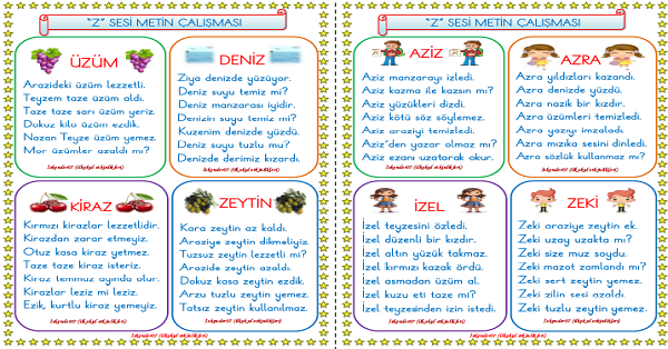1. Sınıf İlk Okuma Yazma Z Sesi Metin Okuma Çalışması