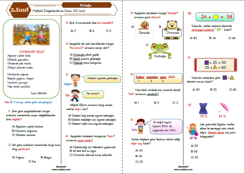 2.Sınıf Haftalık Değerlendirme Testi - 10.Hafta (08-12 Kasım)