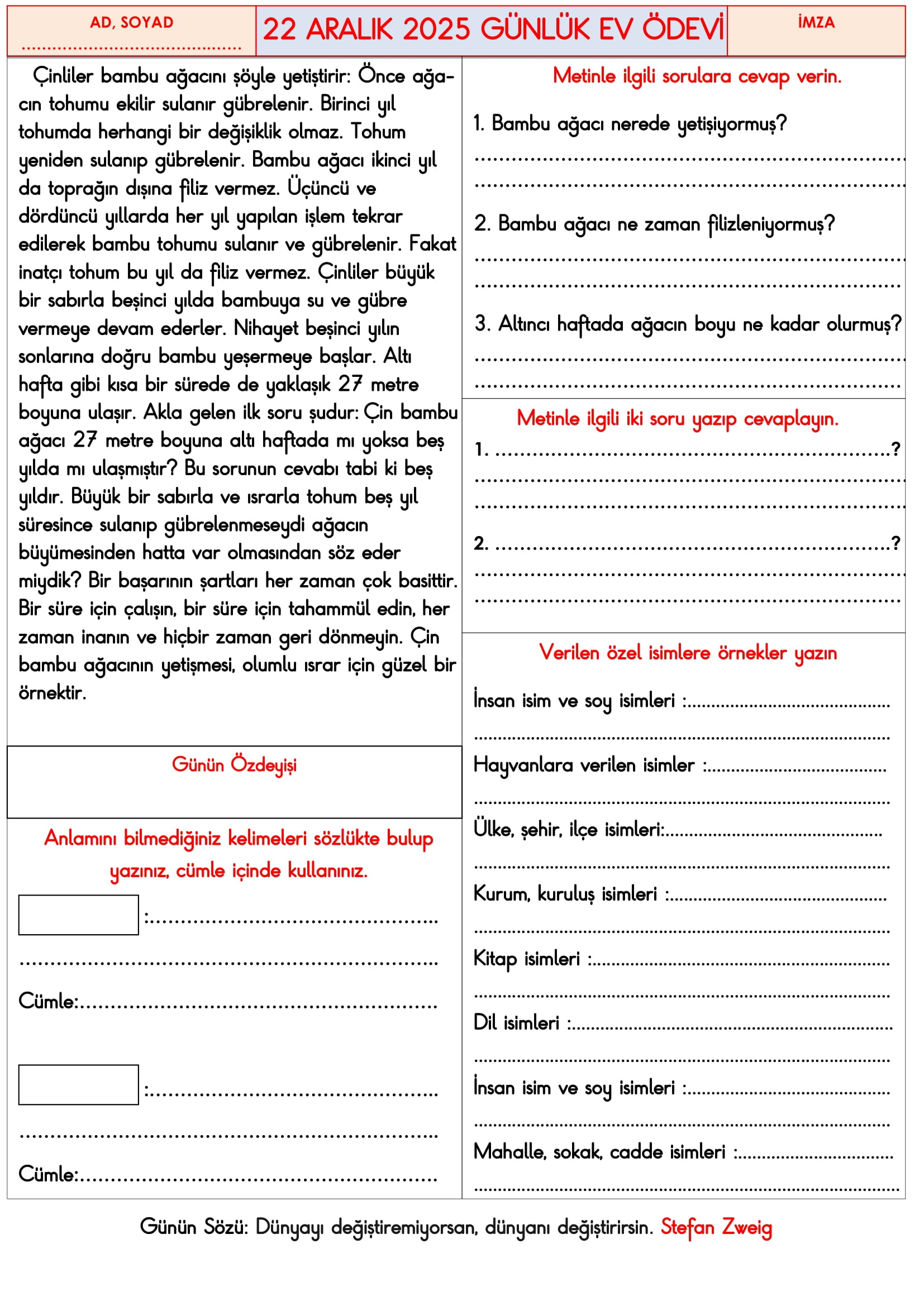 3.Sınıf - 22 Aralık 2025 Günlük Ev Ödevleri