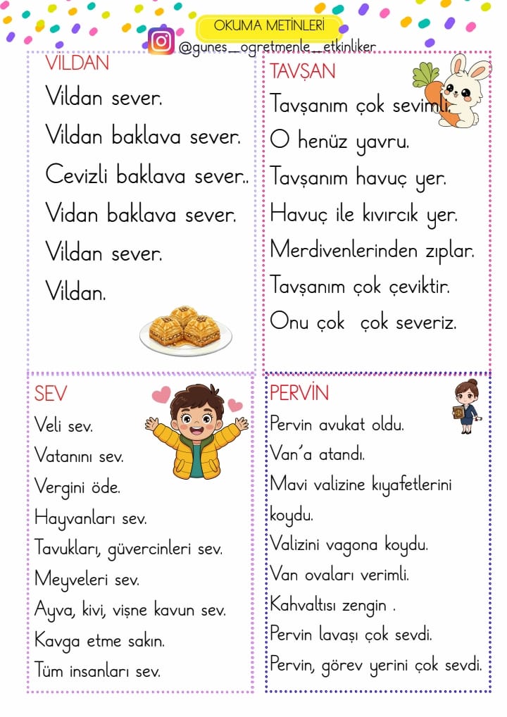 1.Sınıf V Sesi Okuma Anlama Metinleri ve Tekerleme