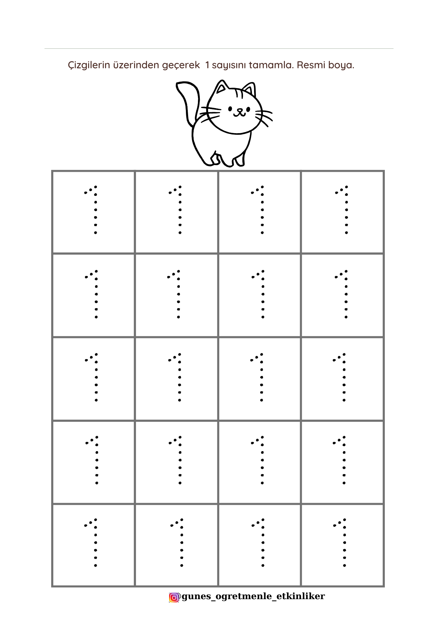 1.Sınıf Matematik 1'den 20'ye Rakam Yazma Ve Boyama Çalışma Sayfası