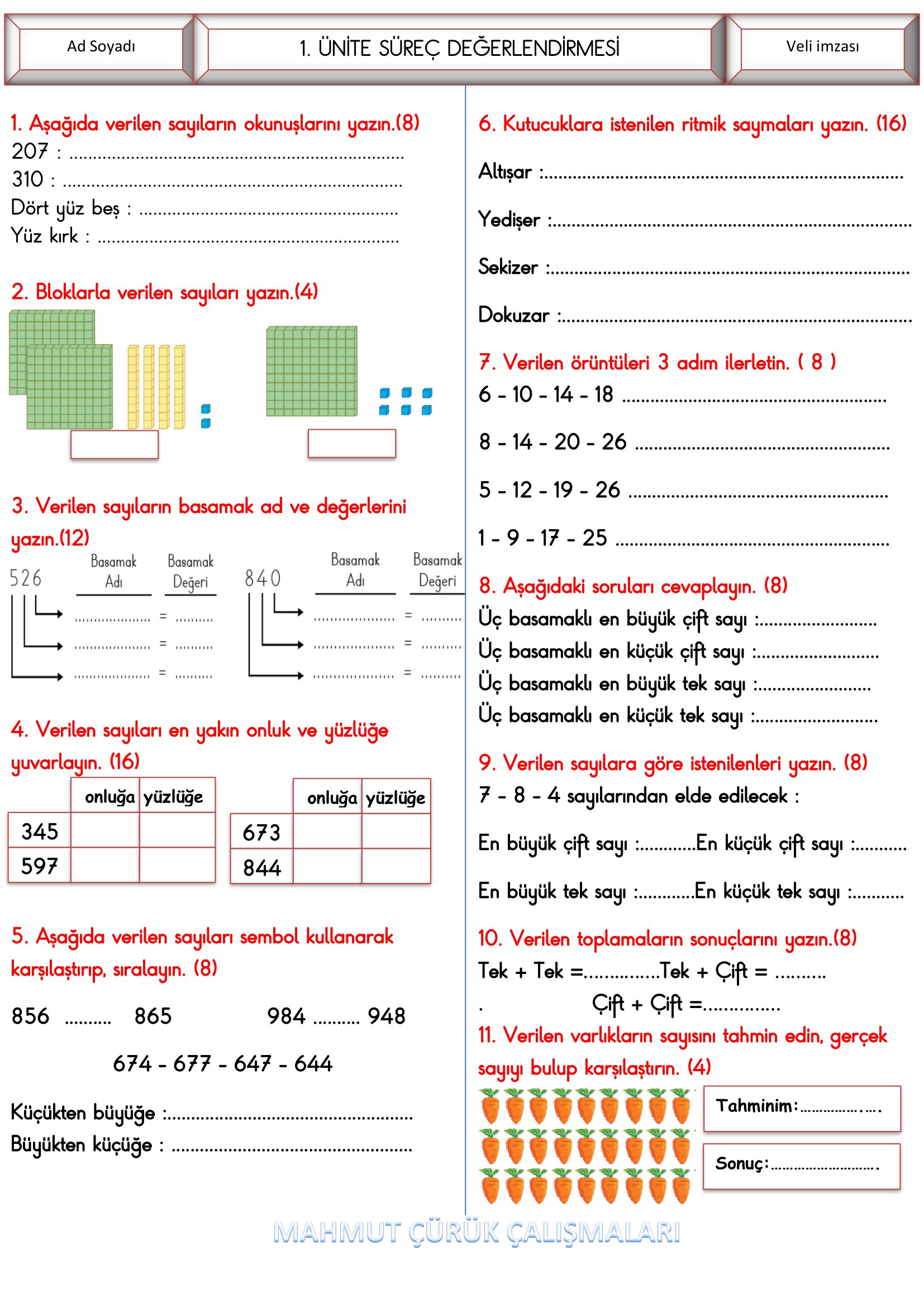 3.Sınıf - Matematik 1. Ünite Süreç Değerlendirmesi-1
