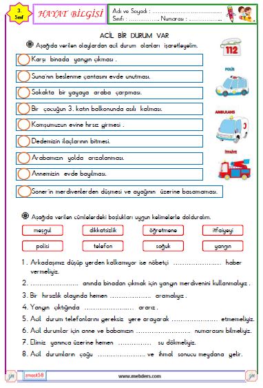 3. Sınıf Hayat Bilgisi Acil Bir Durum Var  Etkinliği