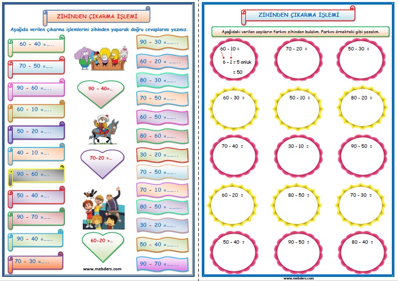 2.Sınıf Matematik Zihinden Çıkarma İşlemi  (4 sayfa)