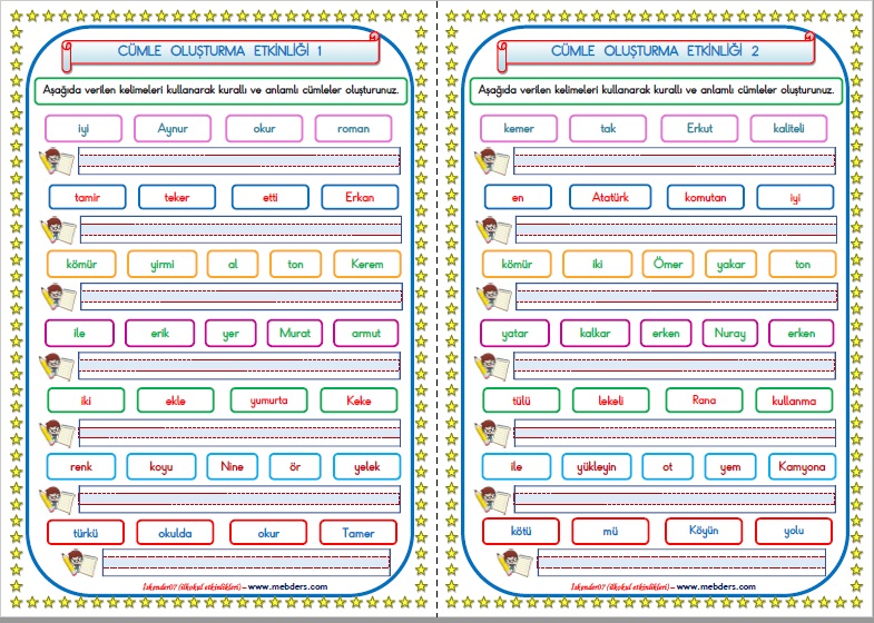 1.Sınıf İlkokuma Yazma Cümle Oluşturma Etkinliği 1-2  (2 Sayfa)