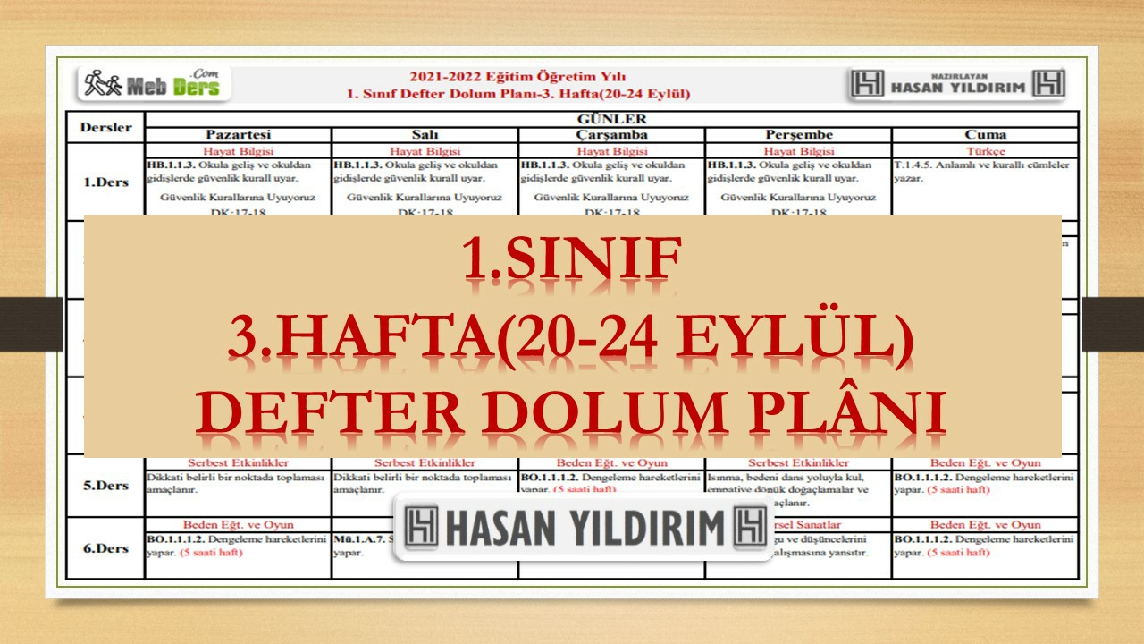 1.Sınıf 3.Hafta(20-24 Eylül) Defter Dolum Planı