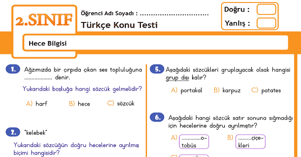 2.Sınıf Türkçe Hece Bilgisi Konu Tarama Testi