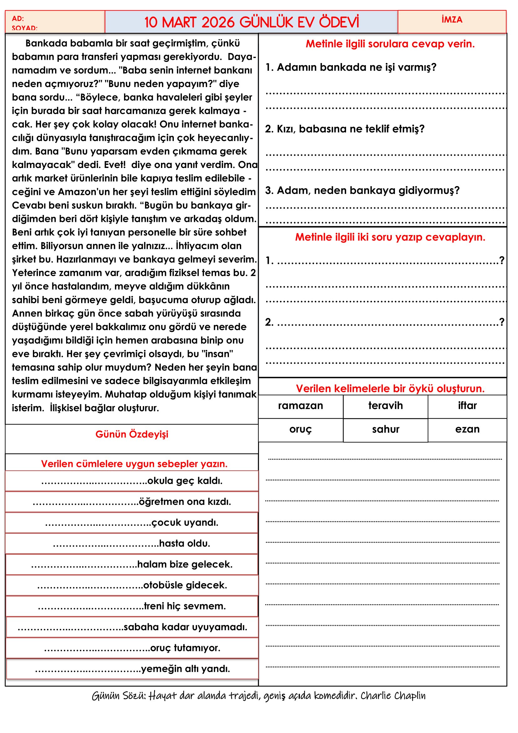 4.Sınıf - 10 Mart 2026 Günlük Ev Ödevleri