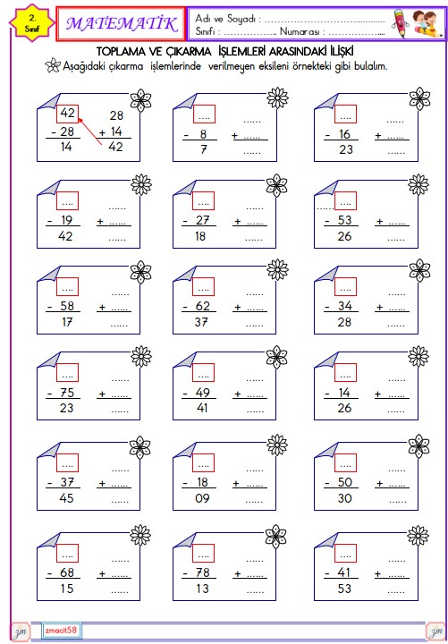 2. Sınıf Matematik Toplama ve Çıkarma  İşlemleri Arasındaki İlişki Etkinliği 2