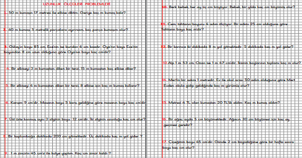 2.Sınıf Matematik Kareli Defterde Uzunluk Ölçme Problemleri