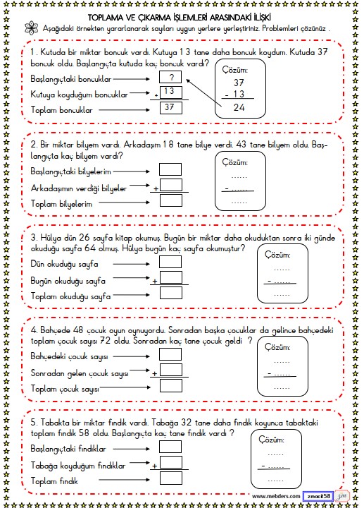 2. Sınıf Matematik Toplama ve Çıkarma  İşlemleri Arasındaki İlişki Etkinliği 4