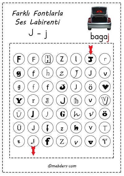 Farklı fontlarla ses labirenti - j sesi