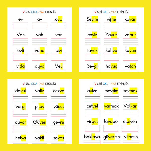 1. Sınıf İlkokuma Yazma - V Sesi Kelime Oku Yaz Etkinliği