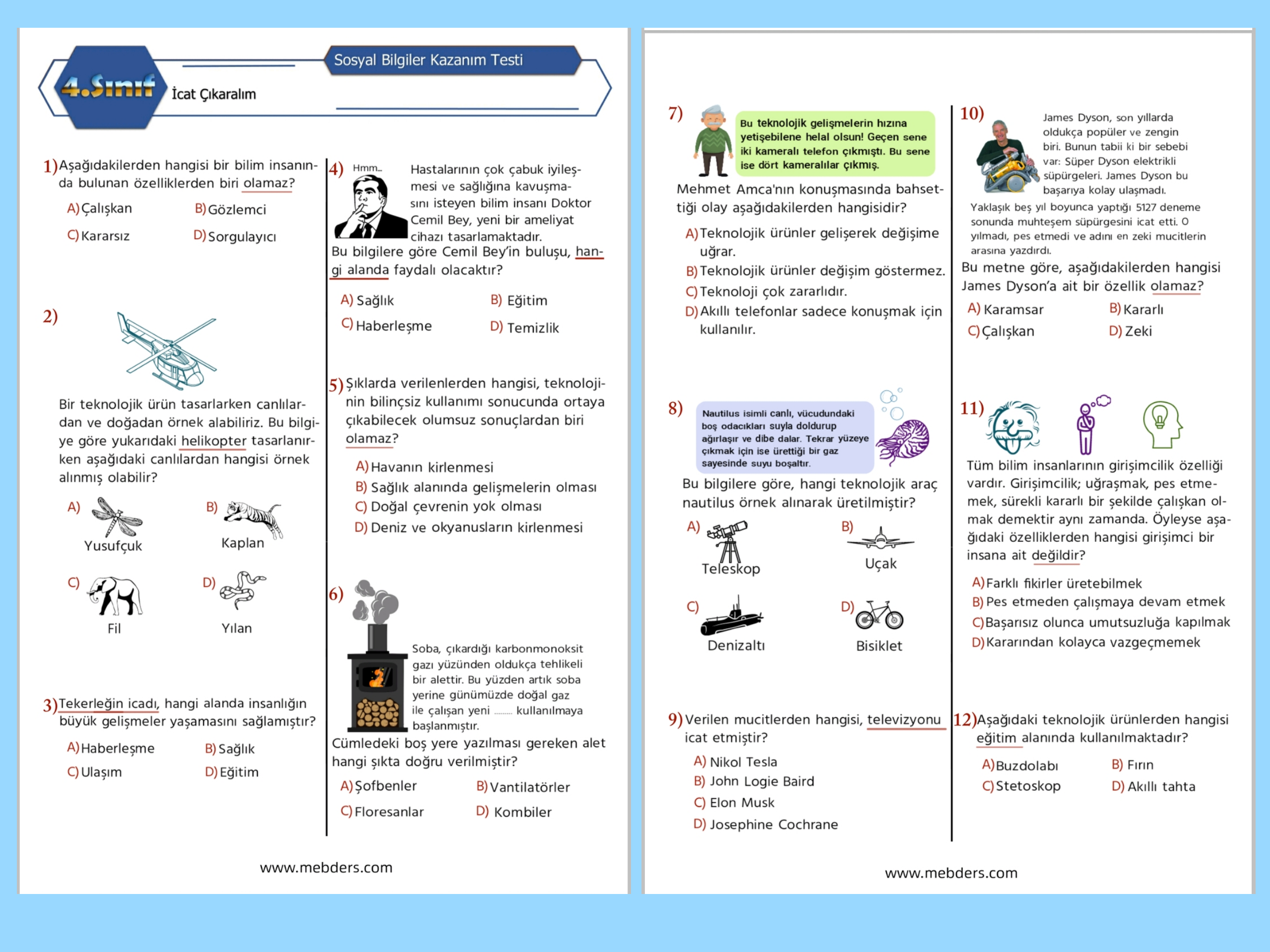 4. Sınıf Sosyal Bilgiler İcat Çıkaralım Kazanım Testi