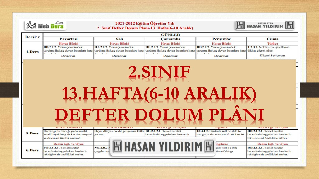 2.Sınıf 13.Hafta(6-10 Aralık) Defter Dolum Planı