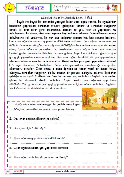 2. Sınıf Türkçe Okuma ve Anlama Metni Etikinliği ( Sonbahar Rüzgarının Dostluğu)
