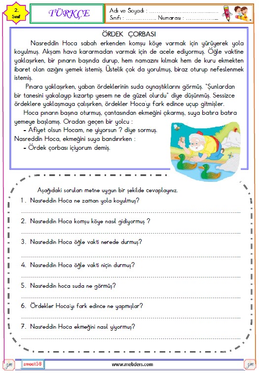 2. Sınıf Türkçe Okuma ve Anlama Etkinliği (Ördek Çorbası)