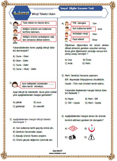 4. Sınıf Sosyal Bilgiler Bilinçli Tüketici Olalım Kazanım Testi