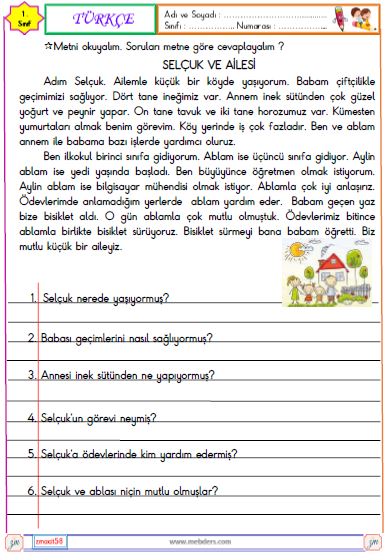 1. Sınıf Türkçe Okuma ve Anlama Etkinliği ( Selçuk ve Ailesi )