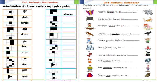 1.Sınıf Türkçe Zıt Anlamlı Kelimeler-4