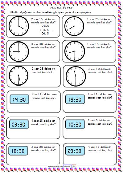 2. Sınıf Matematik Zamanı Ölçme ve Saat Etkinliği 15