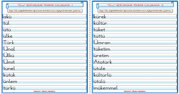 1. Sınıf İlk Okuma Yazma Ü Sesi Kelime Tekrar Çalışması