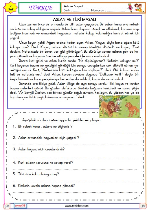 2. Sınıf Türkçe Okuma ve Anlama Metni Etkinliği ( Aslan ve Tilki Masalı )