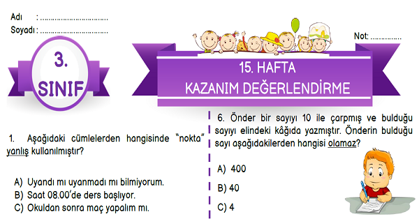 3.Sınıf 15. Hafta Kazanım Değerlendirme Testi