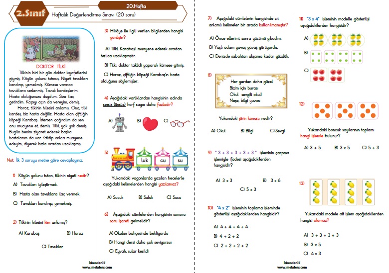 2.Sınıf Haftalık Değerlendirme Testi - 20.Hafta (13 -17 Şubat)
