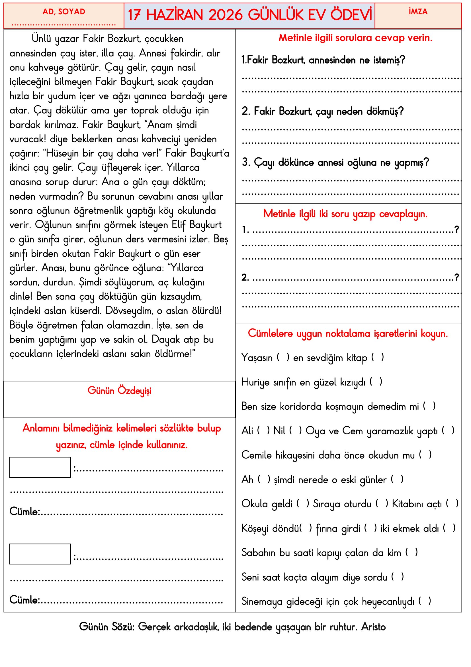 3.Sınıf - 17 Haziran 2026 Günlük Ev Ödevleri