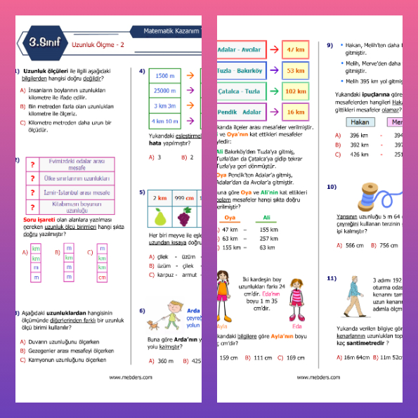 3. Sınıf Matematik Uzunluk Ölçme-2 Kazanım Testi