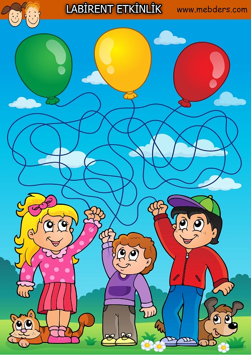 Balon uçuran çocuklar labirent bulmaca etkinliği