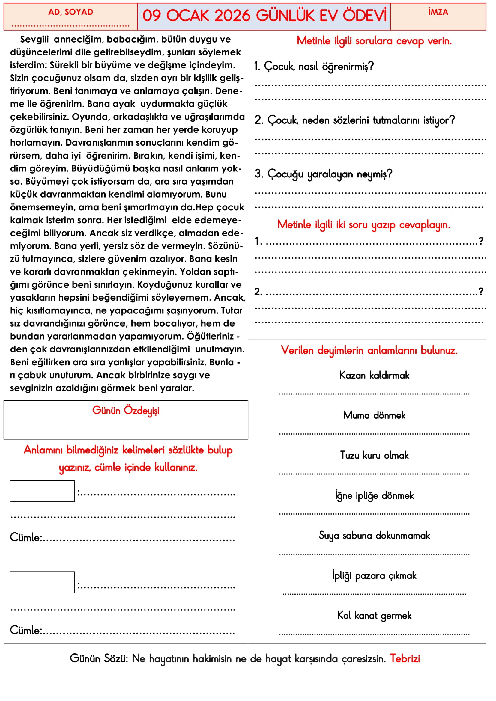 3.Sınıf - 09 Ocak 2026 Günlük Ev Ödevleri