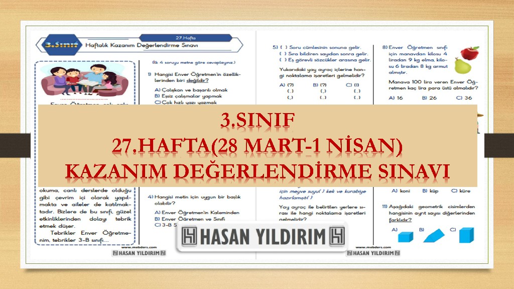 3.Sınıf Haftalık Değerlendirme Testi-27.Hafta(28 Mart-1 Nisan)