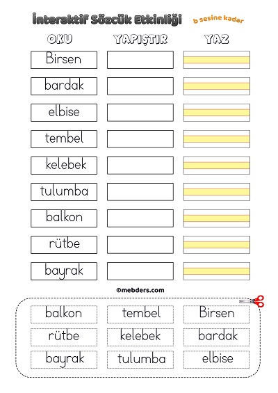 İnteraktif Sözcük Etkinliği - B Sesine Kadar