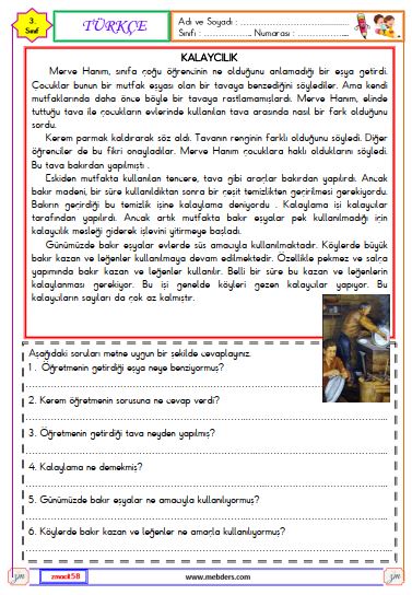 3. Sınıf Türkçe Okuma ve Anlama Metni Etkinliği (Kalaycılık)