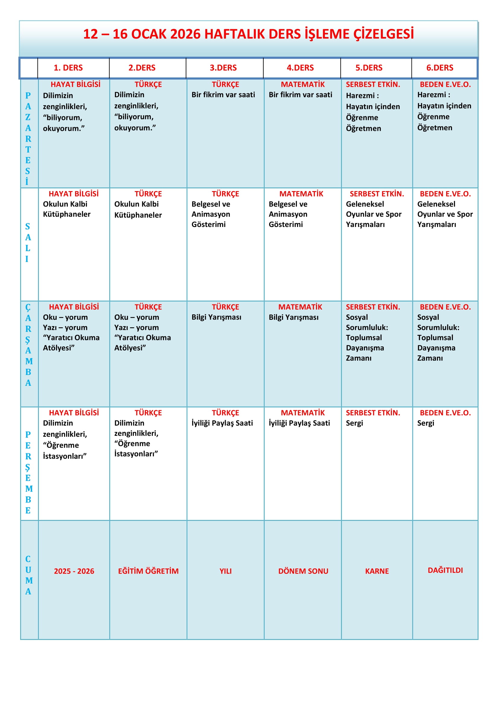 3.Sınıf 12 - 16 Ocak 2026 Haftalık Ders İşleme Çizelgesi.doc