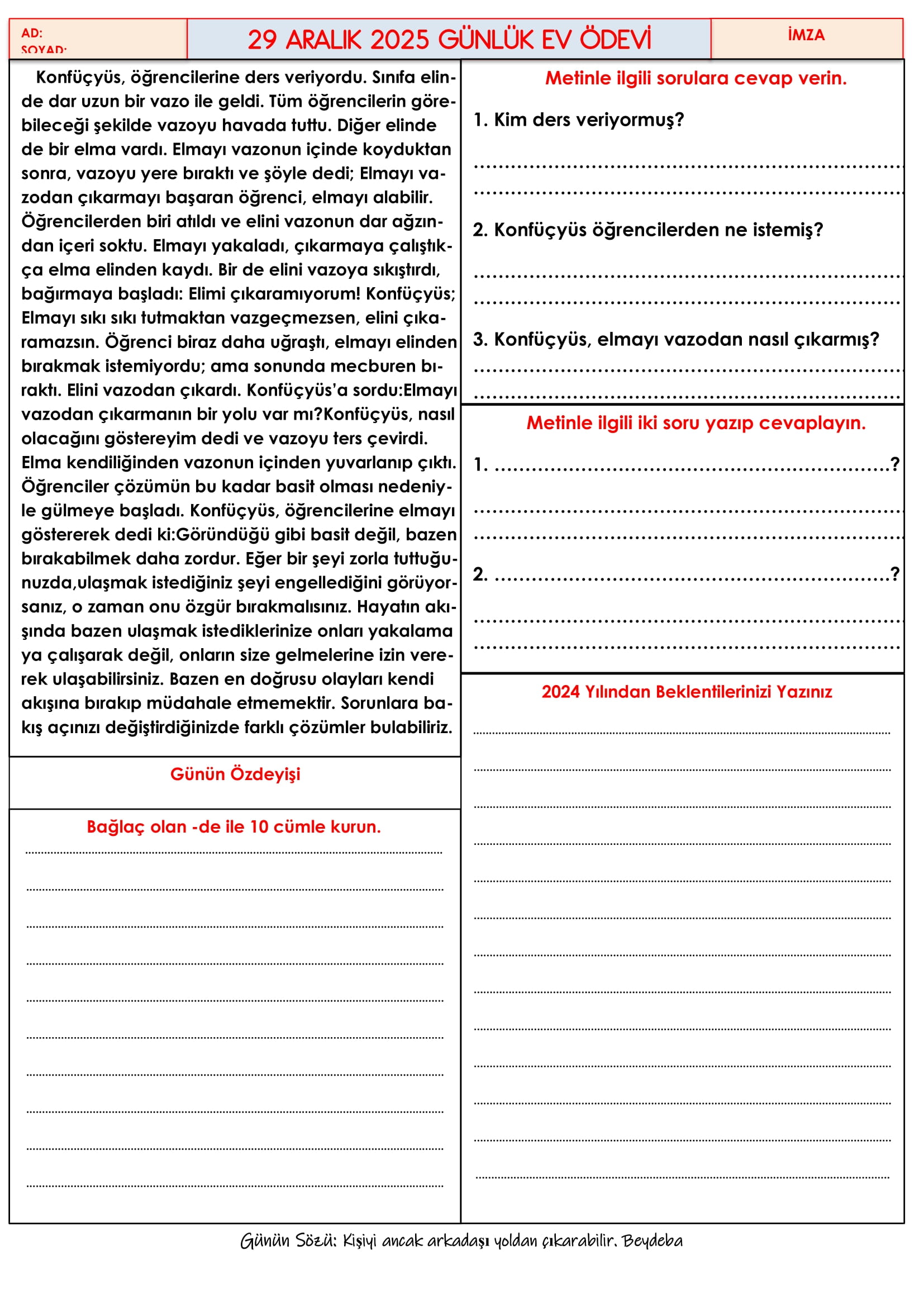 4.Sınıf - 29 Aralık 2025 Günlük Ev Ödevleri