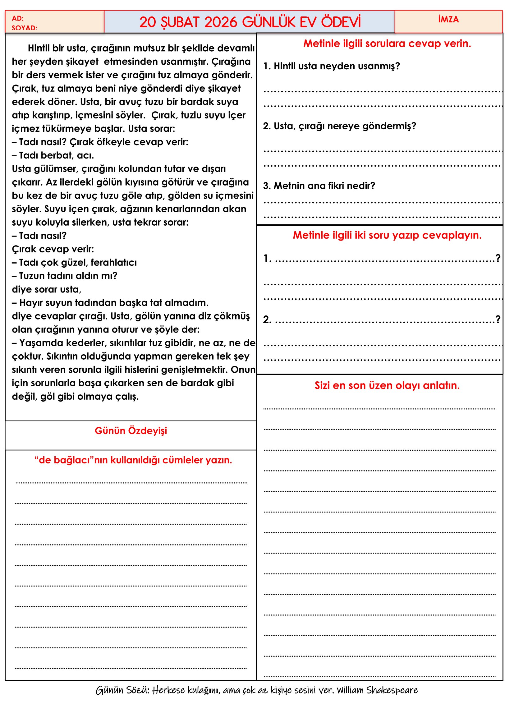 4.Sınıf - 20 Şubat 2026 Günlük Ev Ödevleri