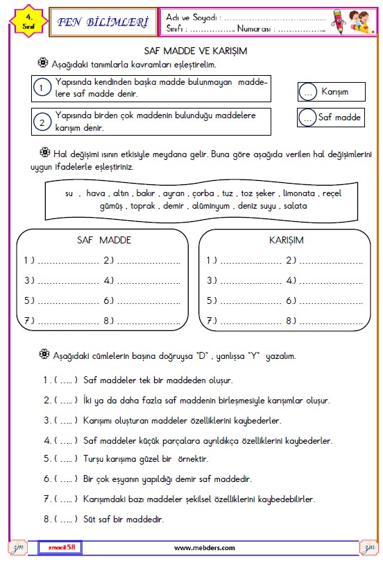 4. Sınıf Fen Bilimleri Saf Madde ve Karışım Etkinliği 1