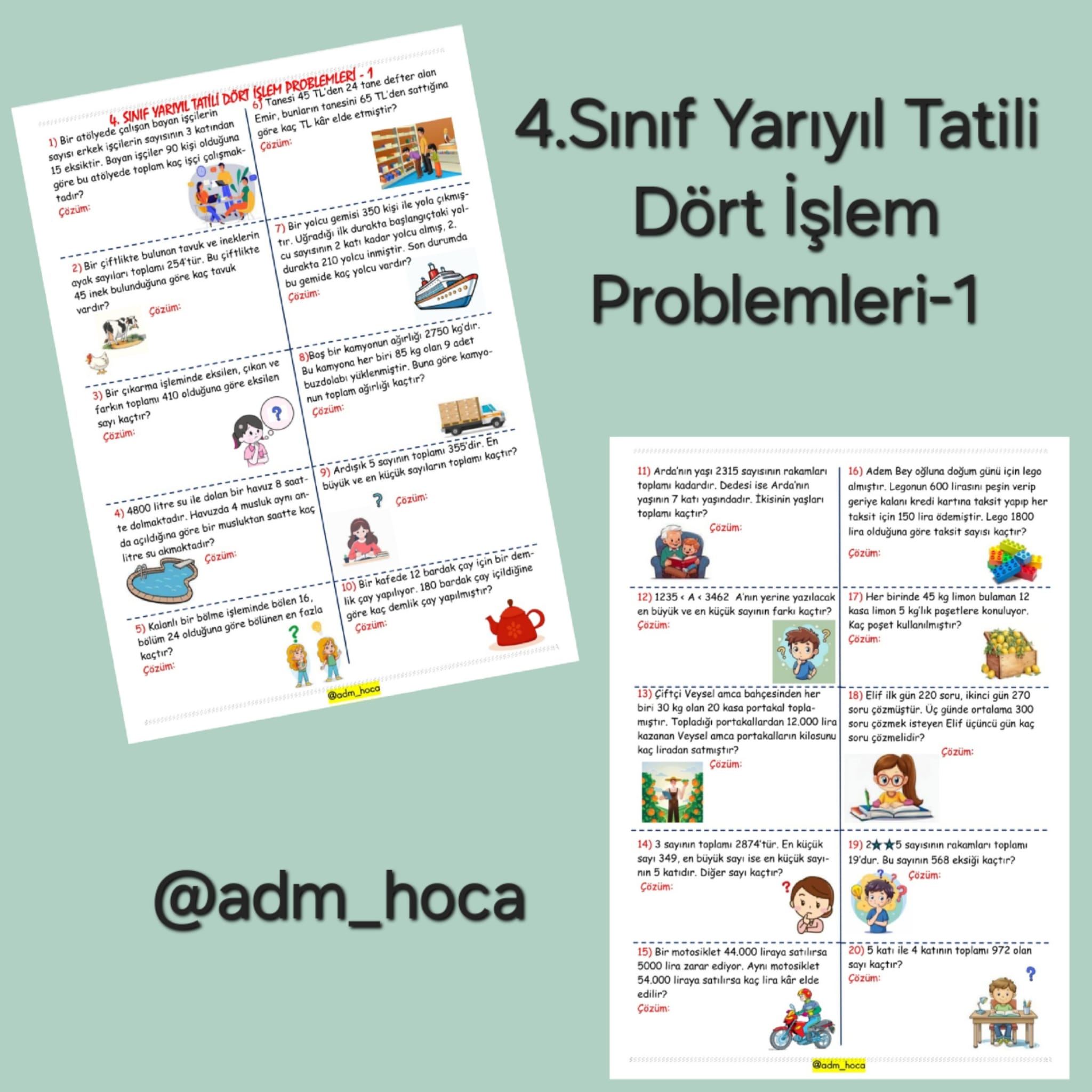 4. Sınıf - Matematik - Yarıyıl Tatili Dört İşlem Problemleri - 1