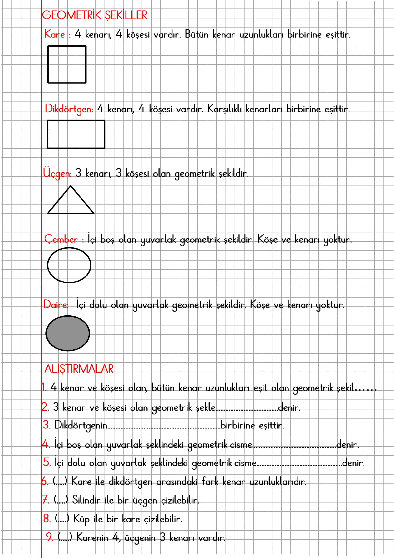 2.Sınıf Matematik Kareli Defterde Geometrik Şekiller Konu Özeti