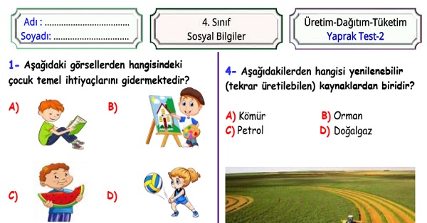 4.Sınıf Sosyal Bilgiler Üretimden Tüketime Yaprak Test 2