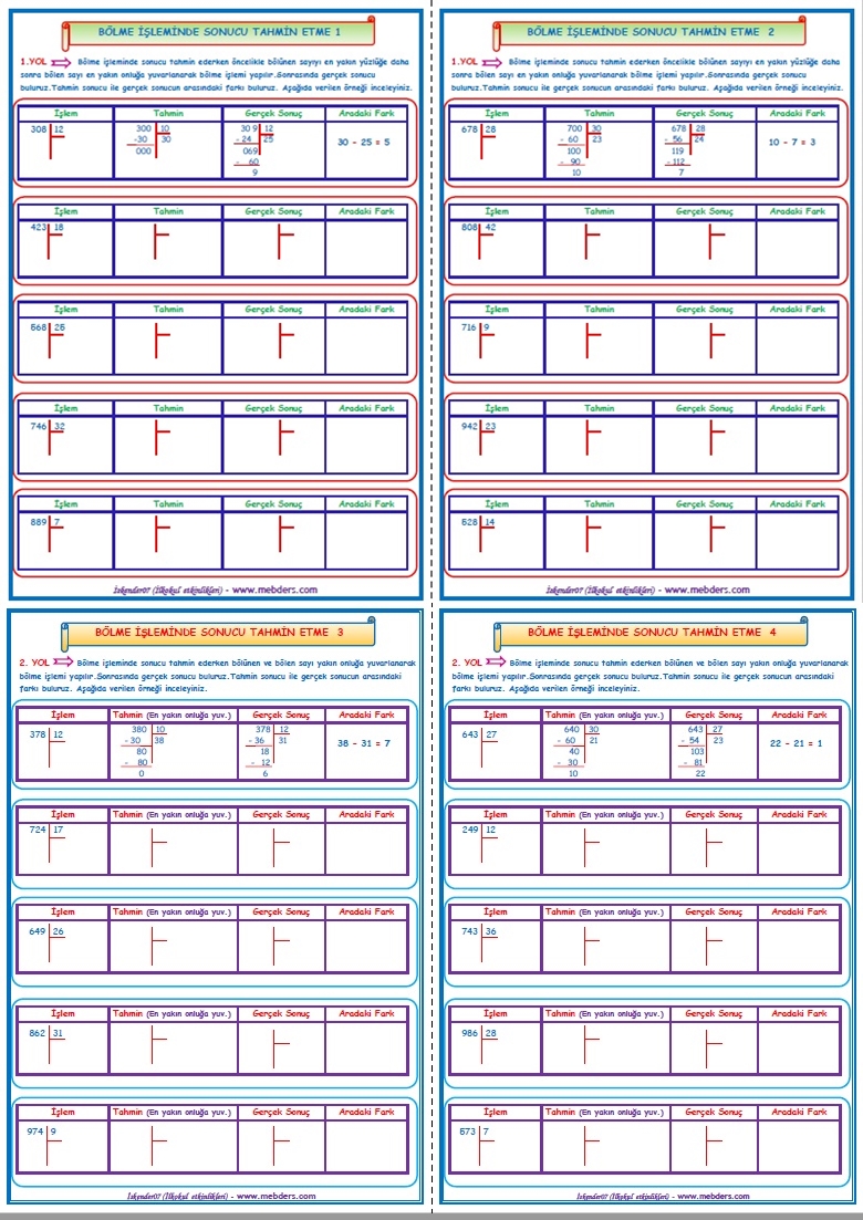 4.Sınıf Matematik Bölme İşleminde Sonucu Tahmin Etme   (4 Sayfa)