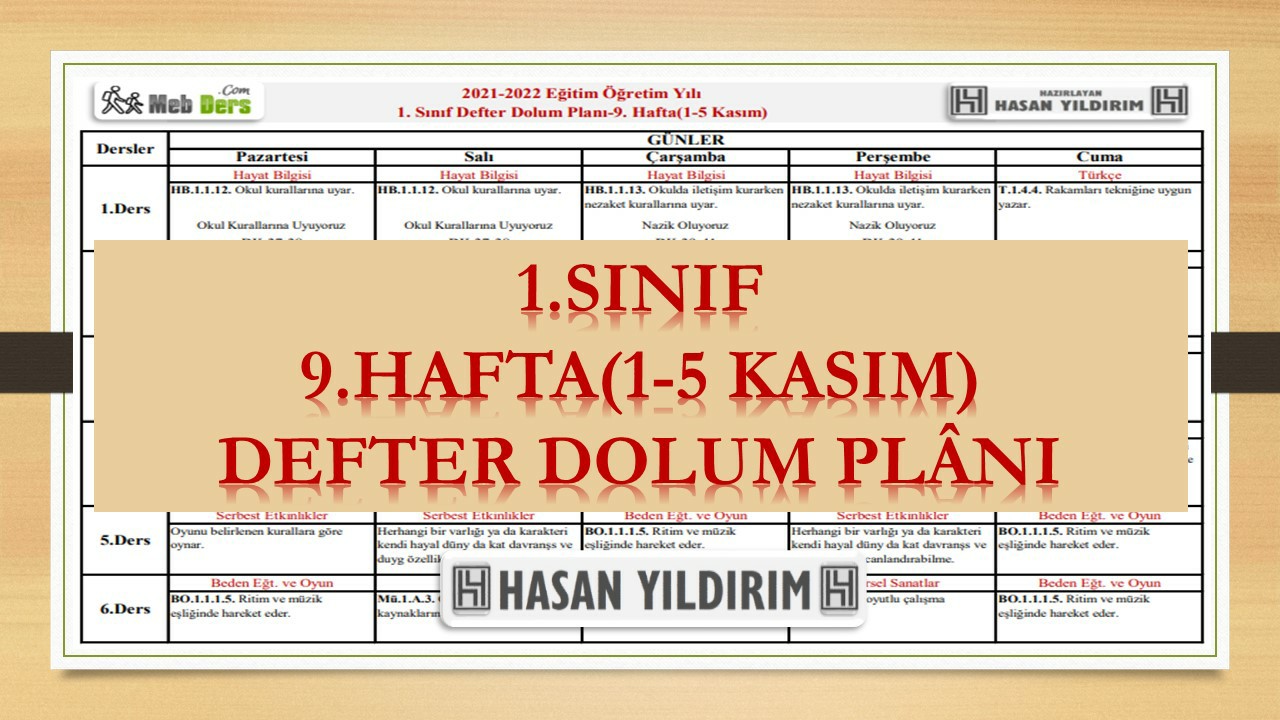 1.Sınıf 9.Hafta(1-5 Kasım) Defter Dolum Planı