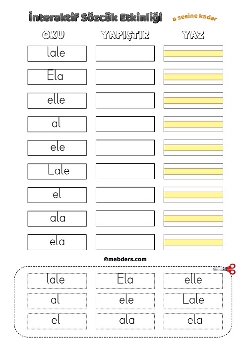 İnteraktif Sözcük Etkinliği - A Sesine Kadar