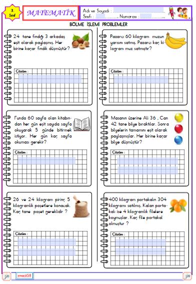 3.Sınıf Matematik Bölme İşlemi Problemler 1